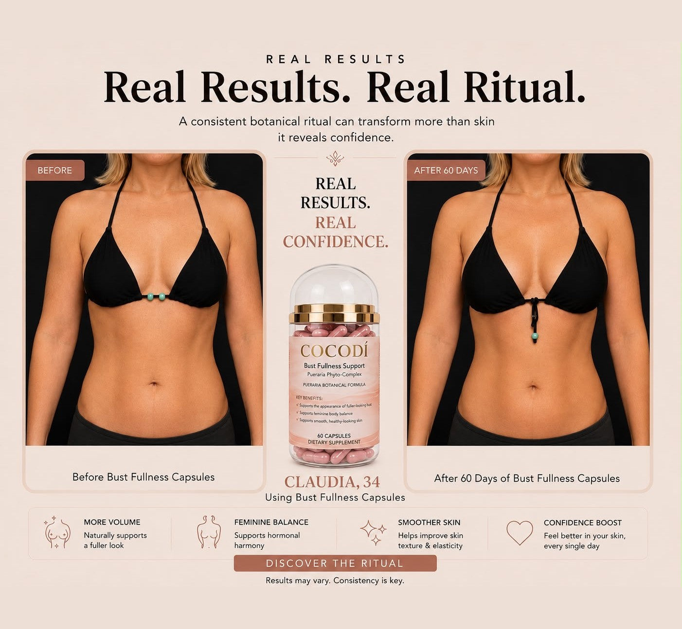 Claudia, 34 — 60 days of Bust Fullness Capsules, real before and after results